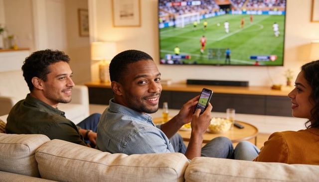Friends watching soccer match on tv while checking smartphone and sharing popcorn on couch