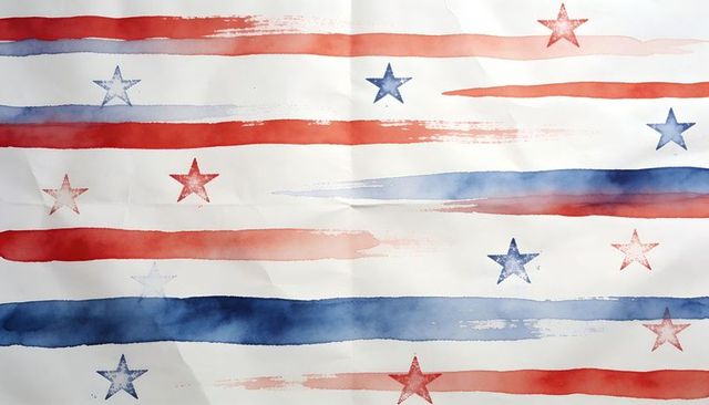 Watercolor stars and stripes abstract featuring red blue brush strokes on creased paper
