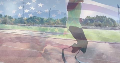 Amputee Athlete Sprinting with US Flag Overlay on Running Track
