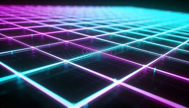 Neon Cyan Magenta Grid with Concentric Ripple Nodes on Glossy Futuristic Digital Plane