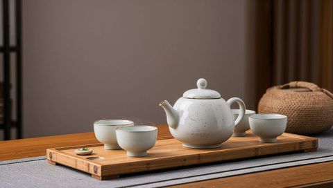 White speckled teapot and teacups on bamboo tray evoking calm minimal tea ritual