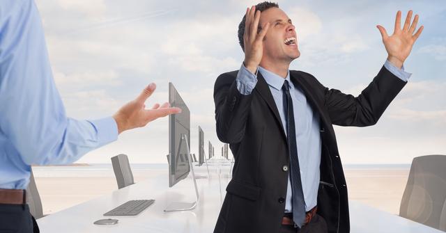 Digital composition of frustrated businessman screaming against office in background