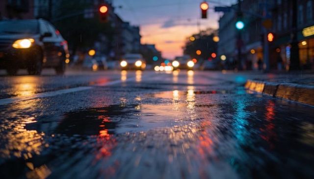 Dusk rain reflecting on urban asphalt with headlights and neon traffic lights