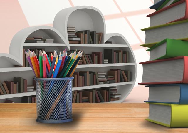 This image showcases a modern bookshelf filled with books, a pencil holder with colorful pencils, and a stack of books on a wooden table. Ideal for use in educational materials, school websites, library promotions, or creative workspace designs. Perfect for illustrating concepts related to learning, studying, and organization.