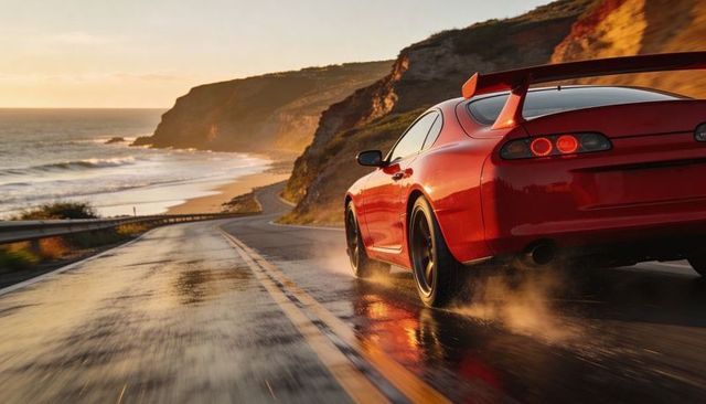 Red sports coupe kicking spray on wet coastal highway at golden hour, dramatic motion