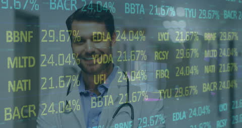 Doctor Smiling As Financial Market Data Overlays
