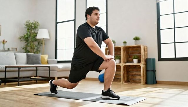 Plus-size man performing forward lunge during home workout on mat in bright living room