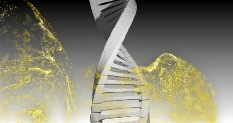 Dna strand with yellow particles showcasing genetic data processing