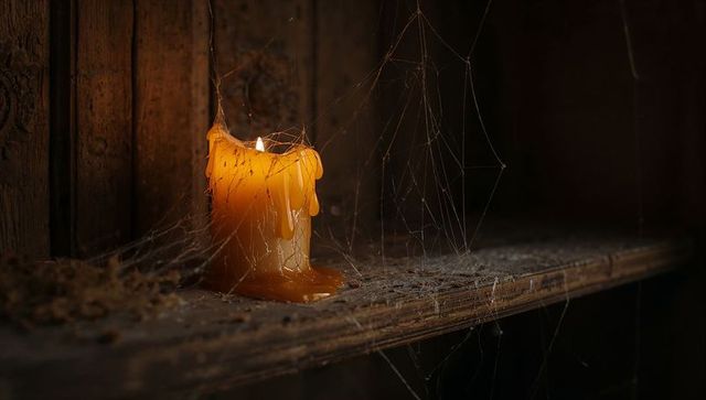 Glowing candle with melting wax and cobwebs on vintage shelf