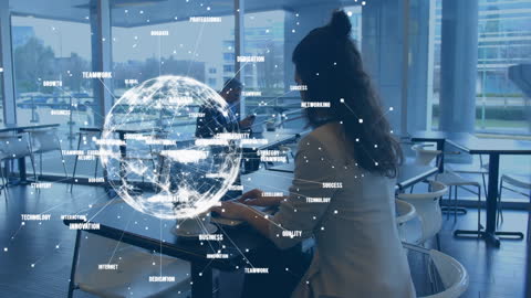 Businesswoman Using Laptop with Global Networking Concept