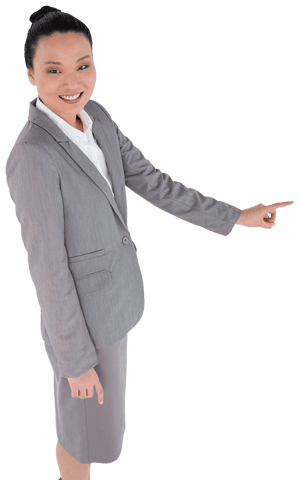 Smiling Asian Businesswoman Standing Pointing on Transparent Background