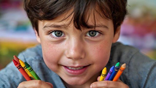 Smiling schoolboy holding colorful crayons closeup for kids art and learning