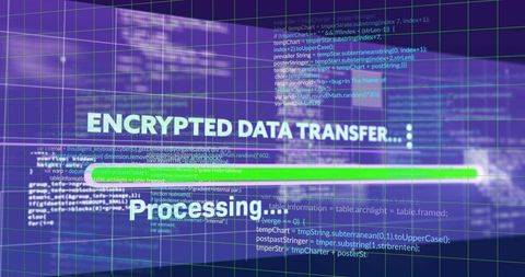 Futuristic HUD Showing Encrypted Data Transfer Progress with Neon Grid and Code Overlay