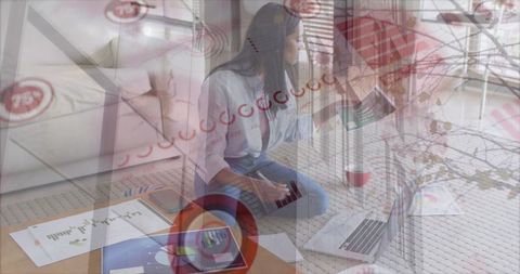 Adult Woman Analyzing Data in Modern Home Office Digital Overlay