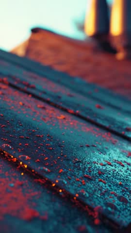 Tilting camera revealing wet wooden planks shimmering with red grit under teal orange glow