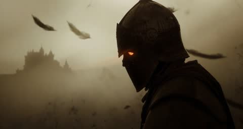 Mysterious Armored Knight Standing in Fog with Glowing Eyes