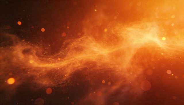 Glowing Amber Nebula Ribbon Flowing Through Dark Cosmic Field with Particles and Soft Bokeh