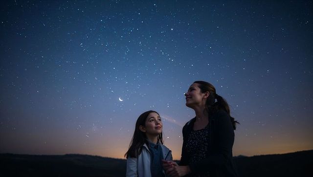 Mother and Daughter Stargazing Under Twilight Sky