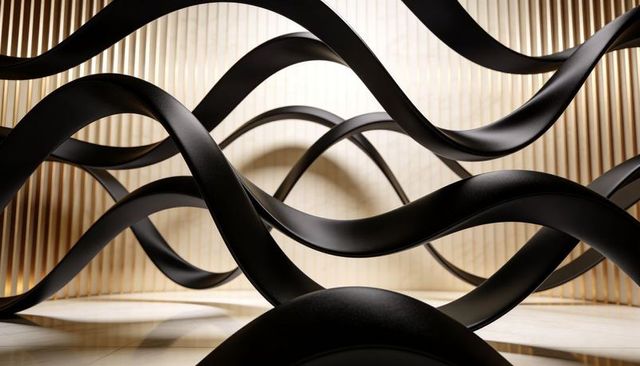 Matte black sculptural ribbons looping across minimal gallery floor with warm lighting