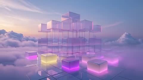 Futuristic Glass Cube Grid Floating Above Clouds at Dawn with Neon Lights