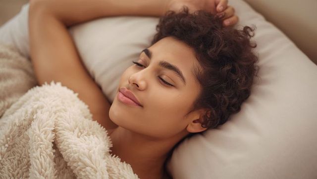 Young woman with short curly hair resting peacefully under plush cream blanket in bed
