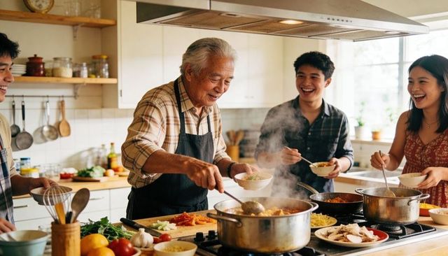 Multigenerational family cooking together in bright kitchen, grandpa ladling steaming soup