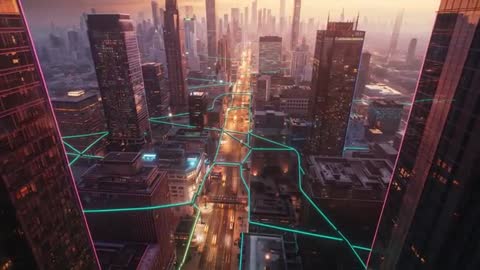 Futuristic Metropolis with Neon Connectivity Overlay