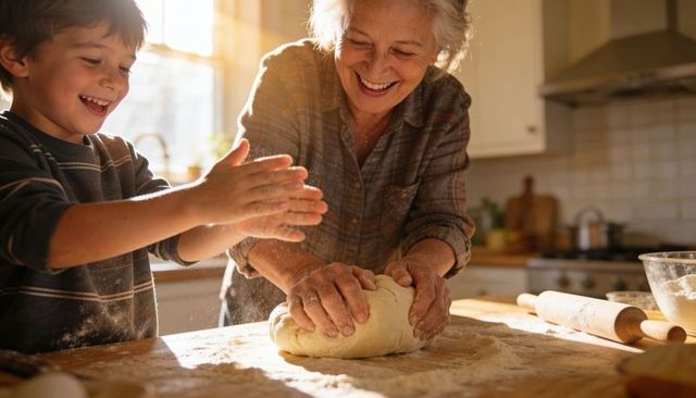 Grandmother and grandson kneading dough in sunlit kitchen baking together smiling