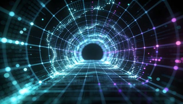 Streaming data through glowing wireframe tunnel into dark void futuristic digital corridor