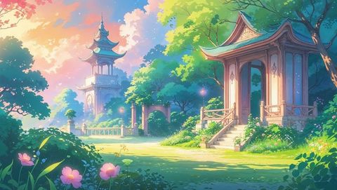 Tranquil anime pavilion and tower in dreamy sunset garden