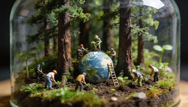 Miniature workers planting sapling on globe inside glass terrarium evoking reforestation