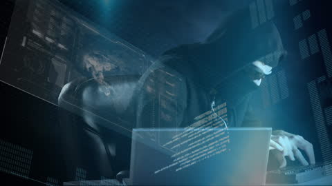 Cybercriminal in Dark Room Typing on Laptop with Digital Overlay