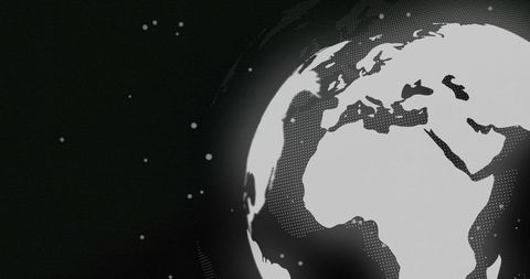 Monochrome Halftone Globe Showing Africa and Europe with Stars, Grain and Futuristic Vignette