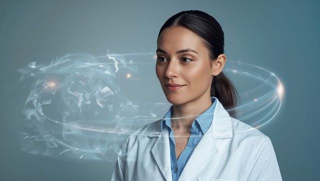 Female Doctor Wearing White Coat with Holographic Globe Headshot for Healthtech
