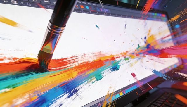 Digital brush painting vibrant rainbow stroke across monitor screen with creative tools