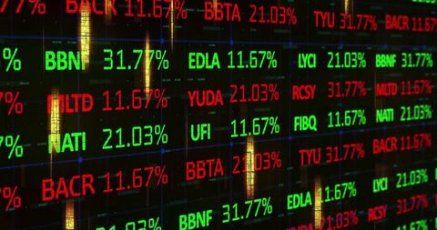 Neon stock ticker showing live percentages and market symbols on trading screen