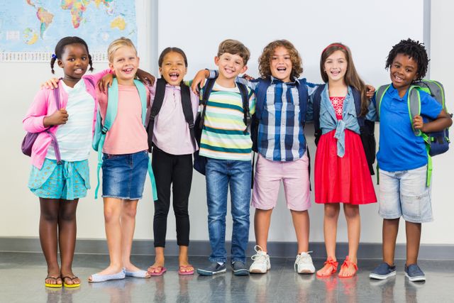 Diverse group of happy schoolchildren standing together in a classroom, smiling with arms around each other. They are wearing casual clothes and backpacks, indicating a school environment. This image can be used for educational materials, school advertisements, diversity and inclusion campaigns, and articles about childhood friendship and teamwork.