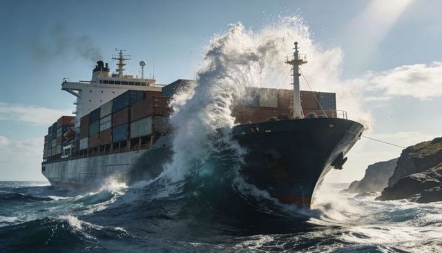 Container ship plowing through heavy seas with giant bow wave near rocky coastline