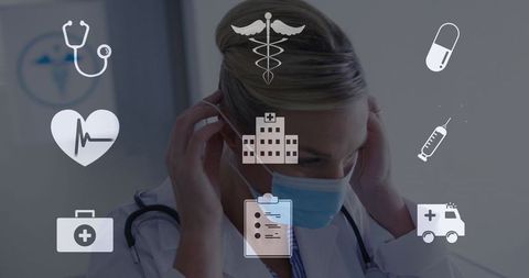 Female clinician adjusting surgical mask with medical icons overlay for telemedicine