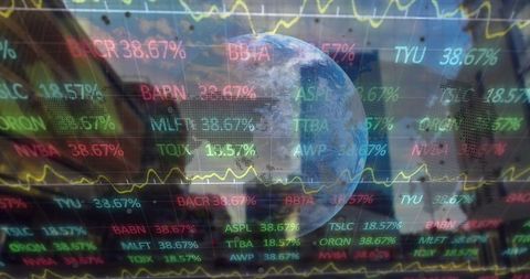 Digital globe overlaid with financial stock tickers and line charts