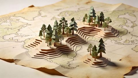 Handcut paper topography with layered terrain and miniature trees on aged parchment map