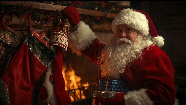 Santa claus placing gifts by warm fireplace in cozy living room