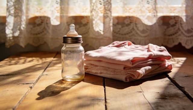 Sunlit vintage glass baby bottle and folded pink baby clothes on rustic wooden table