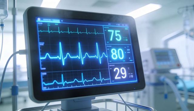 Bedside cardiac monitor displaying ecg waveforms and vital signs in icu critical care