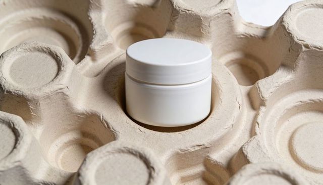 Matte white cosmetic jar nestled in molded pulp tray minimal sustainable packaging mockup