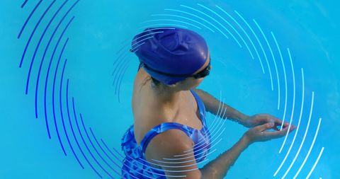 Digital graphics and swimming intertwined in radiating blue spiral
