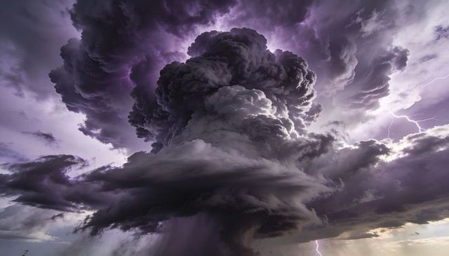 Massive purple supercell thunderhead towering over plains and unleashing lightning