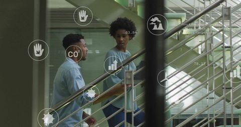 Modern Office with Digital Interface and Ecological Data Visuals