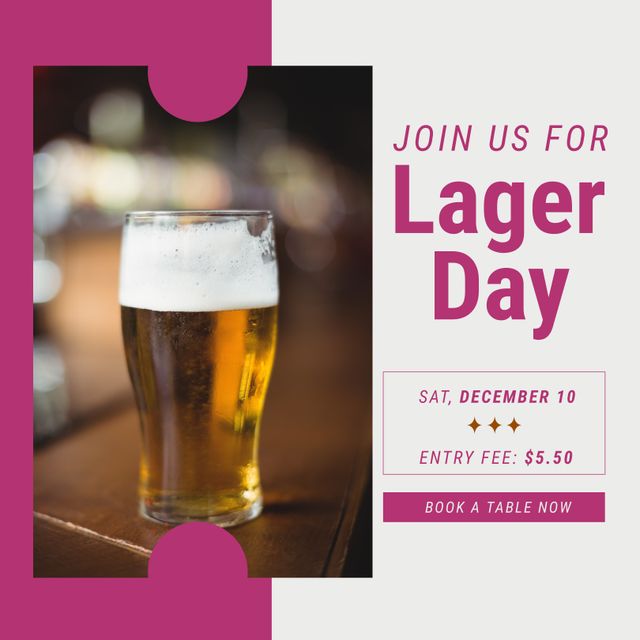 Use this image to promote a beer-themed event such as a Lager Day celebration. Ideal for social media posts, event flyers, and website banners to attract beer enthusiasts. Highlight key details like the date, entry fee, and a call to action to book a table now.