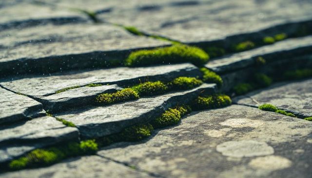 Vibrant moss growing in layered stone crevices close-up of weathered rock texture
